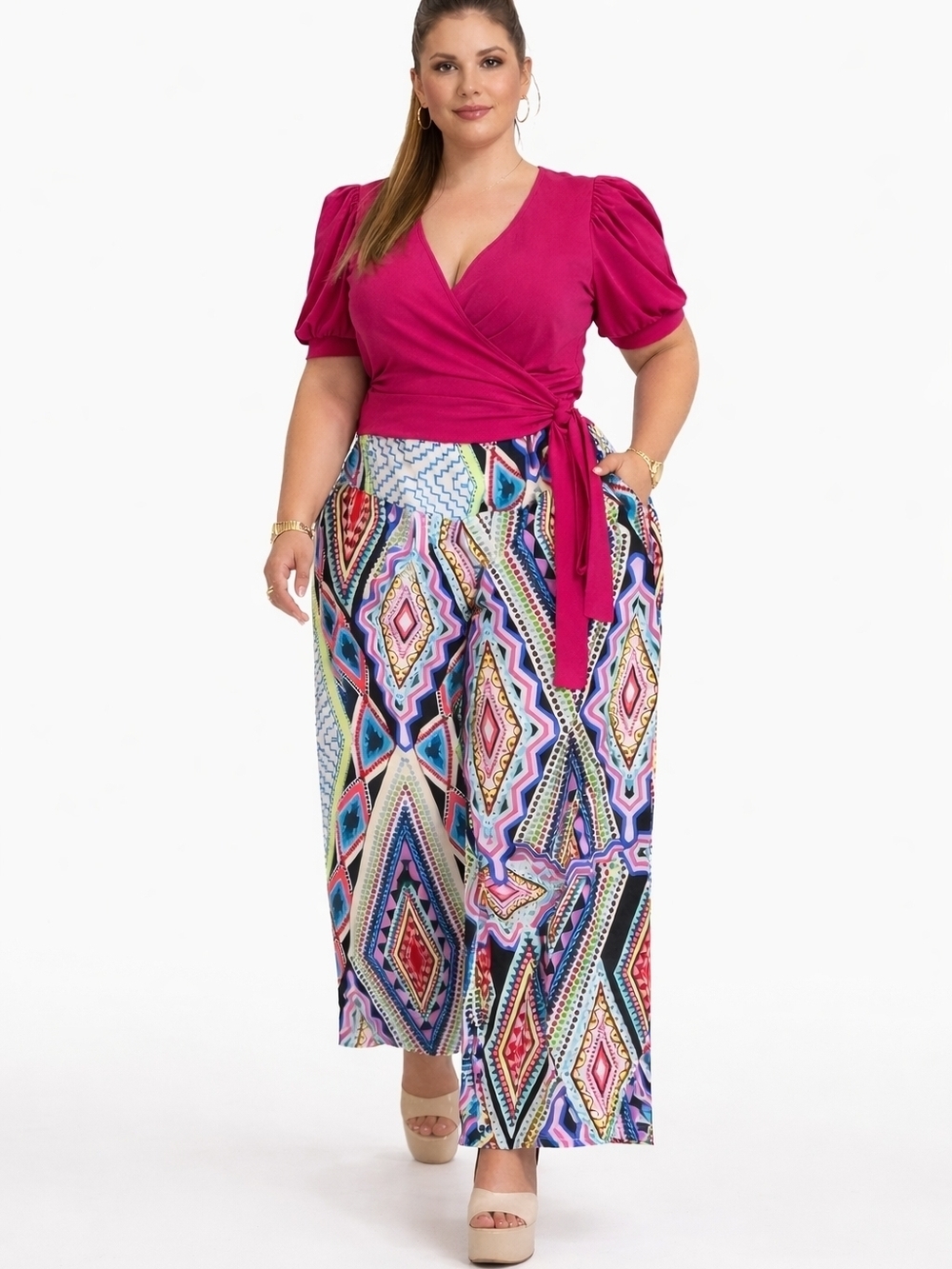 Arolina XXXL Boho Geometric Print Wide Leg Pants Stretch Casual Palazzo.